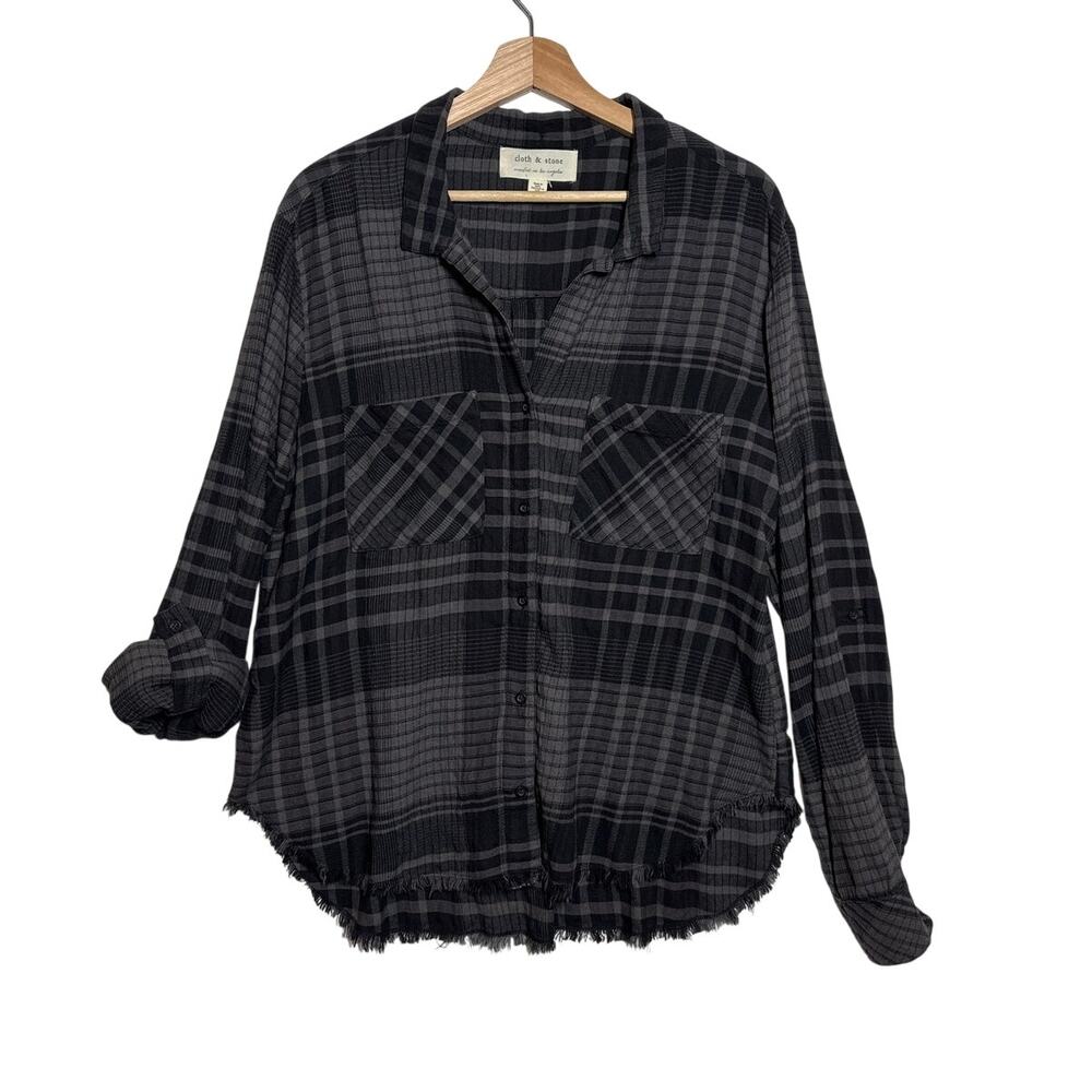 Cloth & Stone Anthropologie Plaid Frayed Hem Long Sleeve Button Down Shirt Sz L